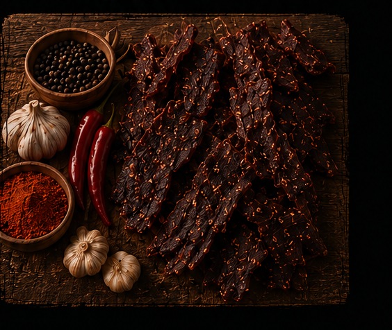 Jerky with peppers, garlic, and spices